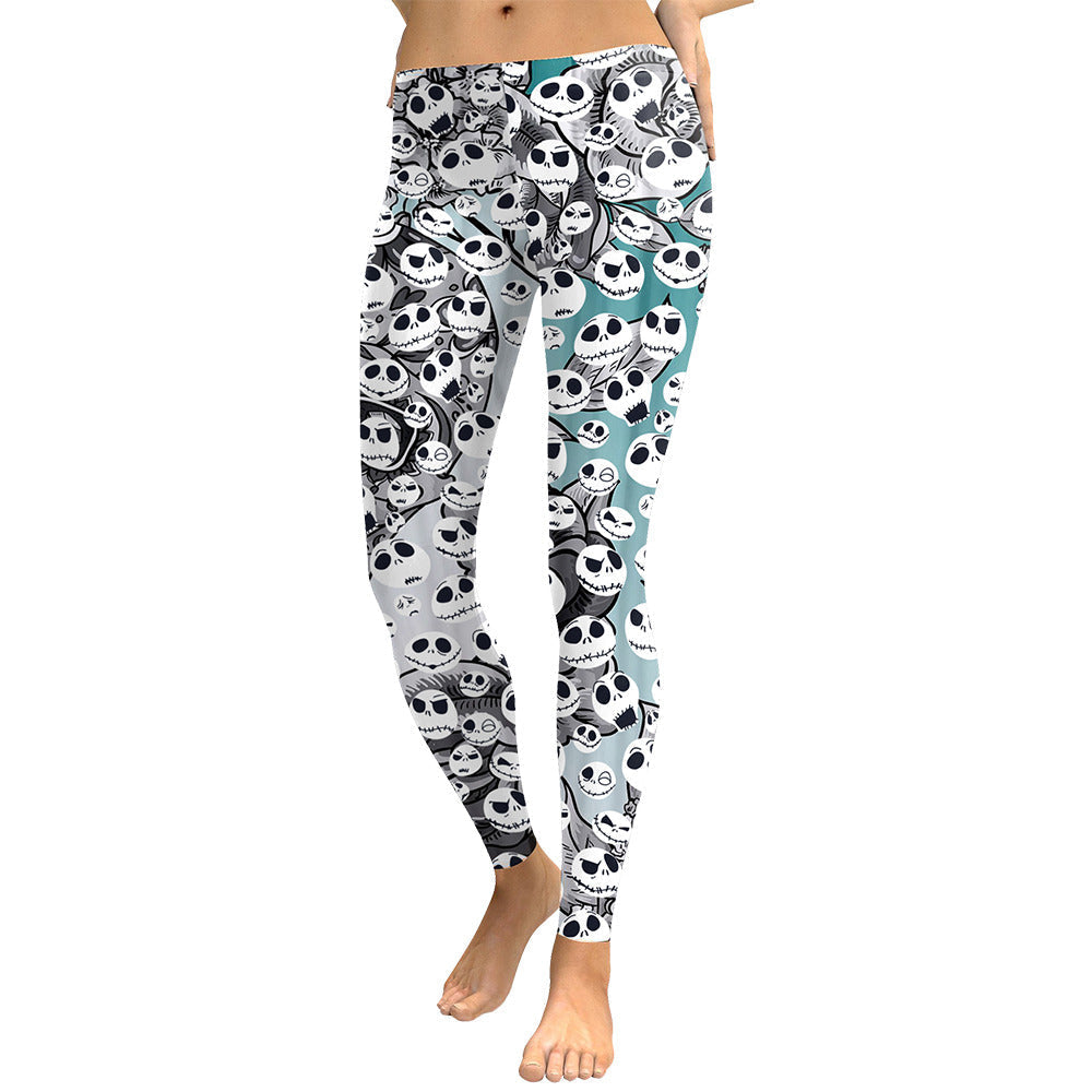 Trendy women's leggings featuring a bold skull 3D print, high waist, and ankle-length design for workout or casual wear.