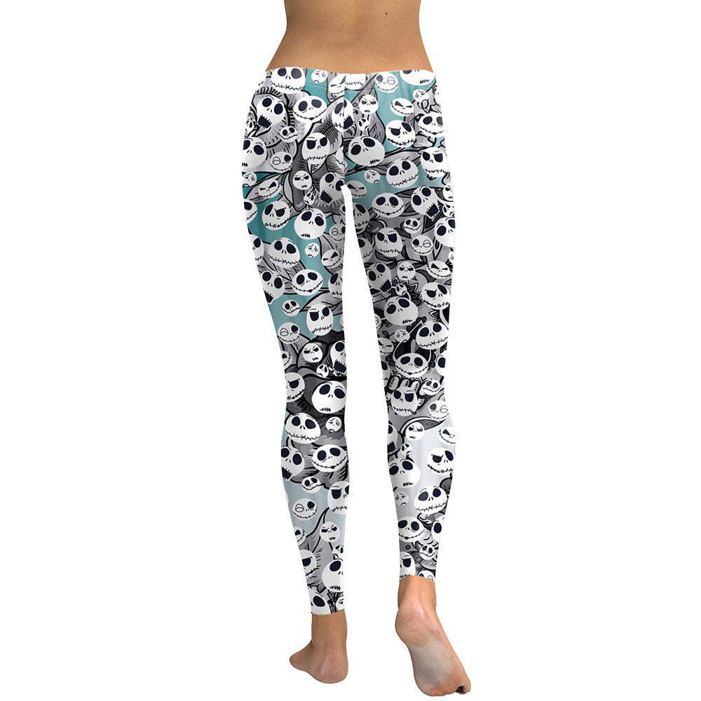 Women's high-waist leggings with 3D skull and camouflage print, perfect for workouts and rock outfits.