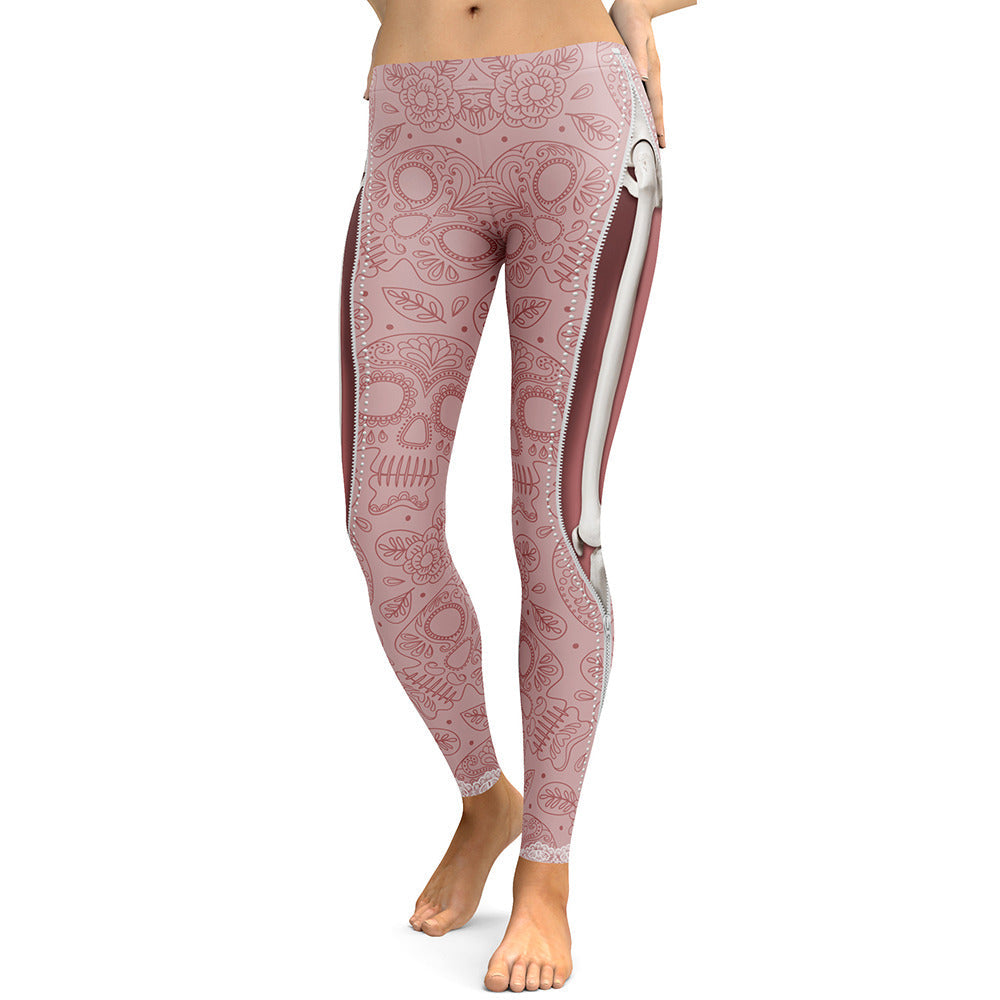 Women's 3D skull print leggings, stylish and sporty, perfect for workouts and goth outfits.