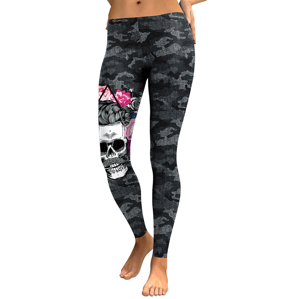 Women's 3D camouflage skull leggings with floral details for stylish workouts and rock outfits.