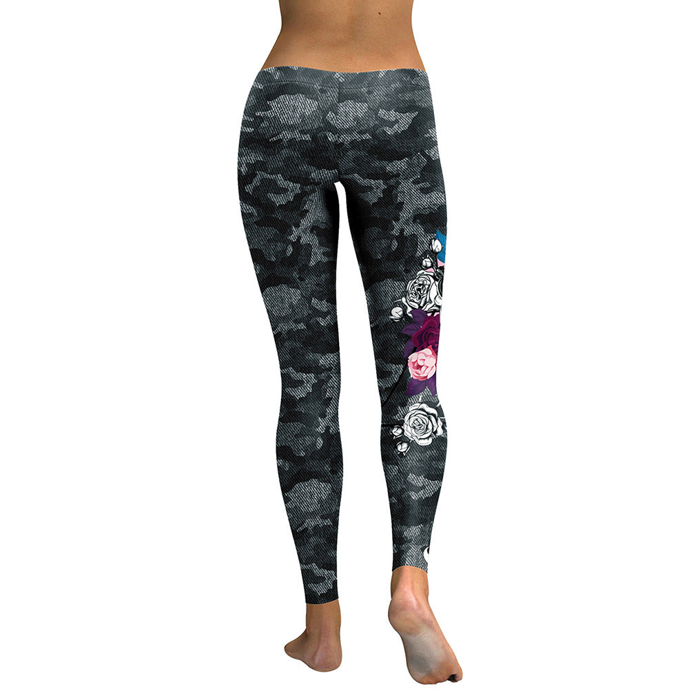 Back view of women's 3D camouflage skull leggings with floral design, perfect for workouts and rock style outfits.
