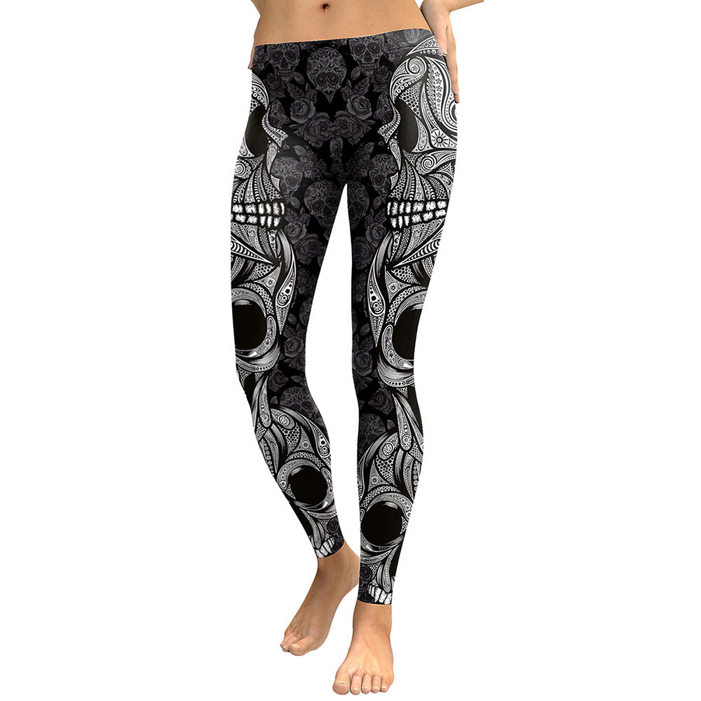 Women's 3D print skull leggings, black and white camouflage design, high waist, stylish athletic pants.