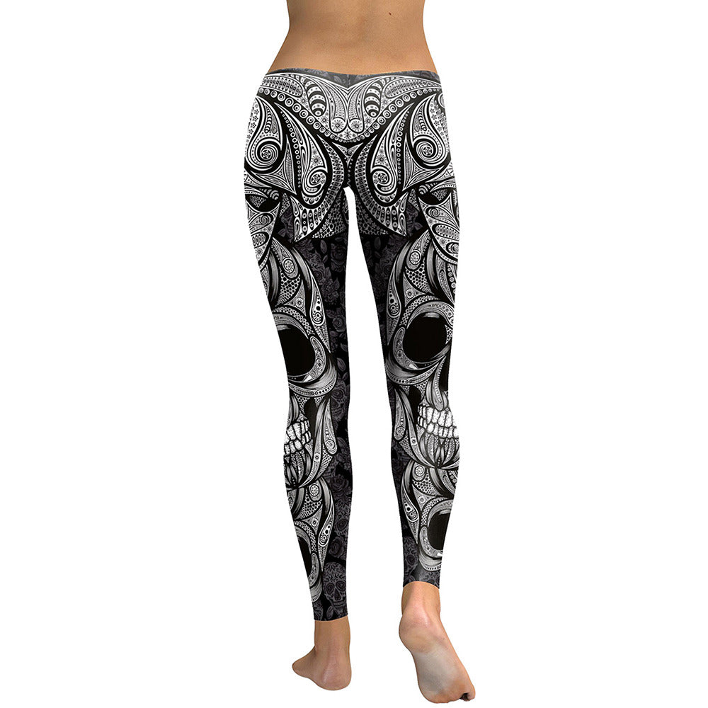 Women's black skull leggings in 3D print with intricate designs, perfect for workout and rock-style fashion.