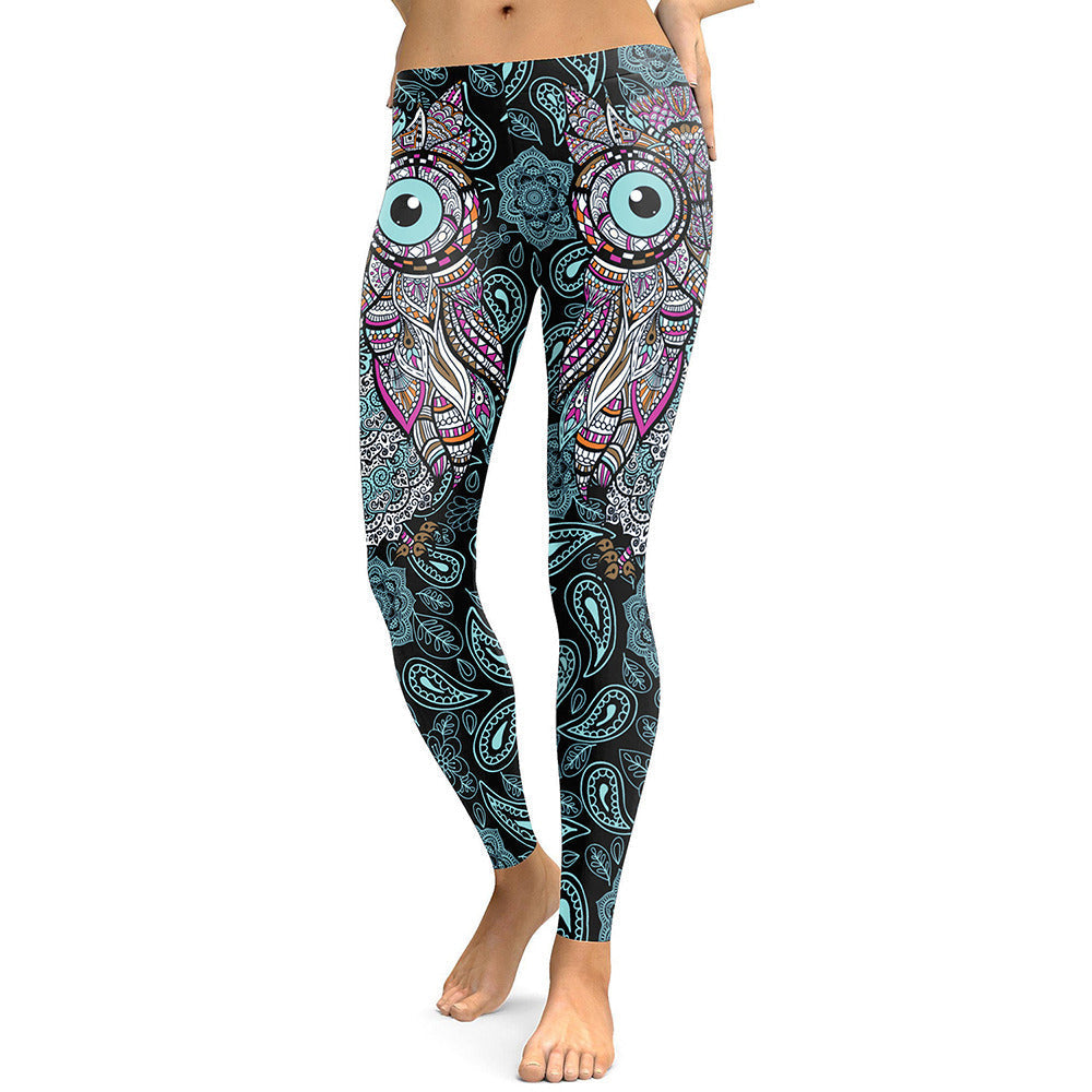 Women's colorful leggings with intricate owl and paisley patterns, ideal for workout or casual wear.
