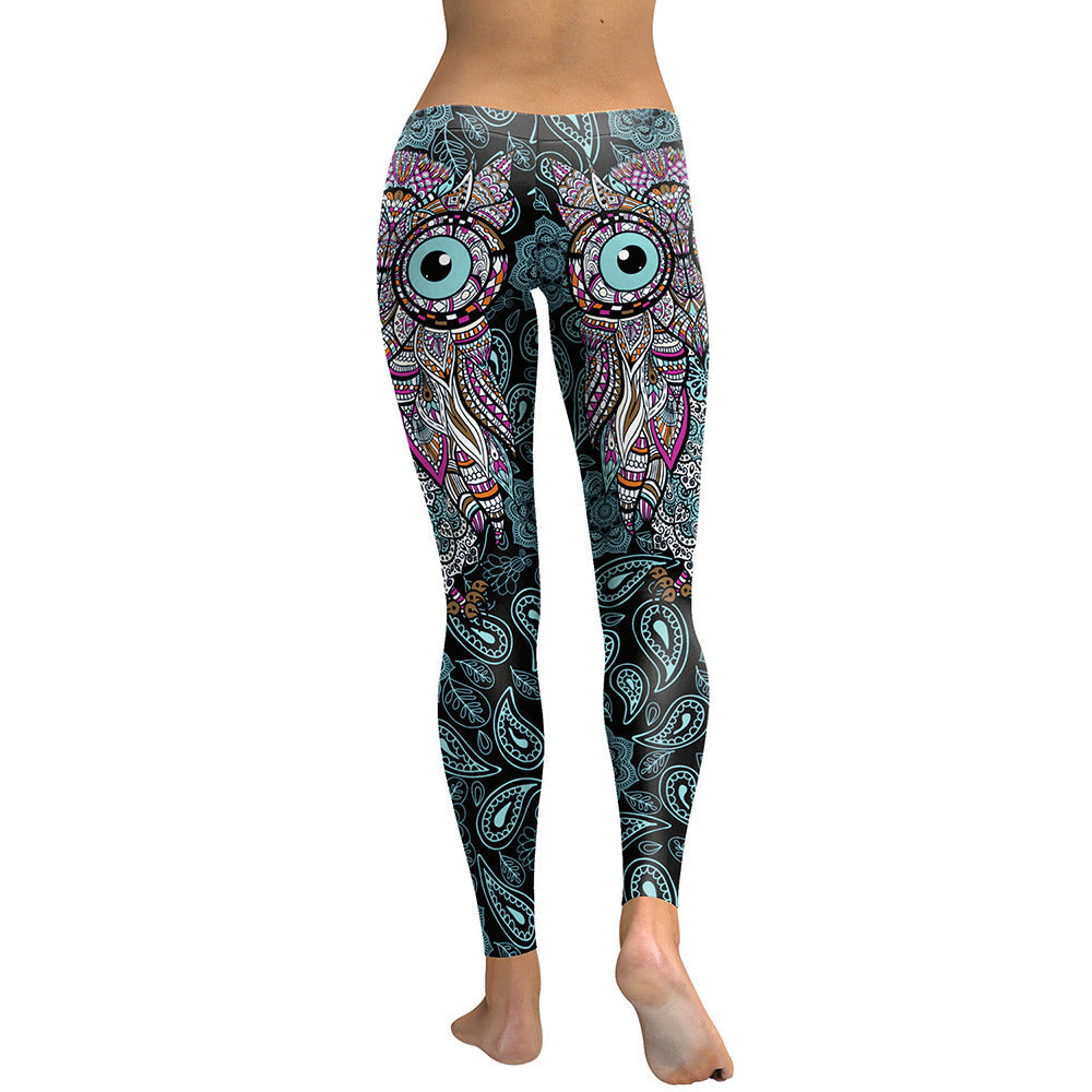 Colorful women's leggings with intricate owl design, perfect for workouts and stylish outfits.