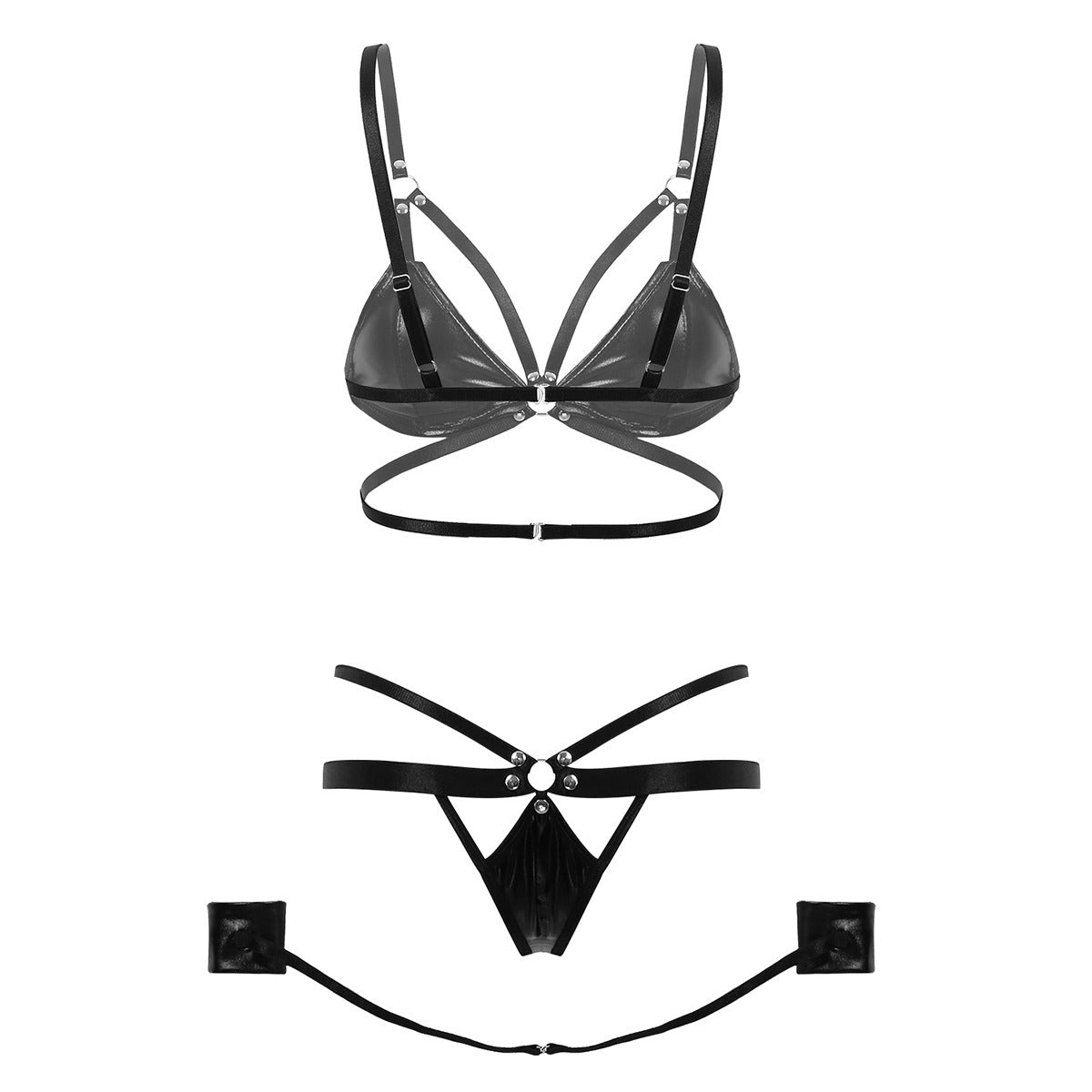 Women's black lingerie set featuring hollow out elastic straps and open cup mini bra with matching briefs.