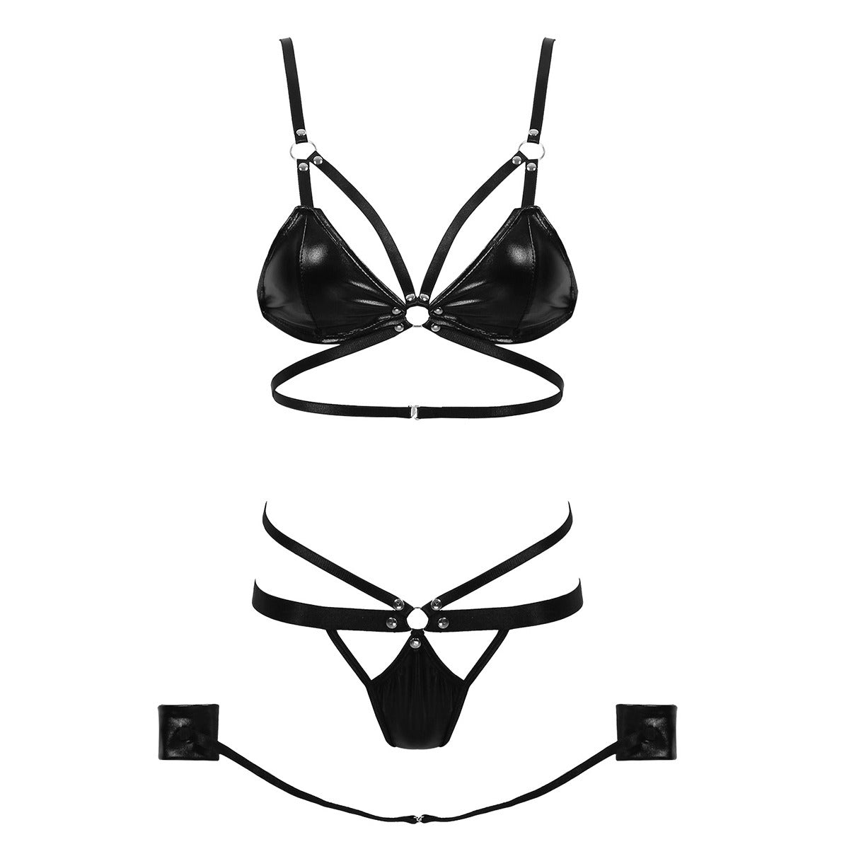 Seductive women's lingerie set with hollow out elastic straps and open cup mini bra, featuring matching briefs.