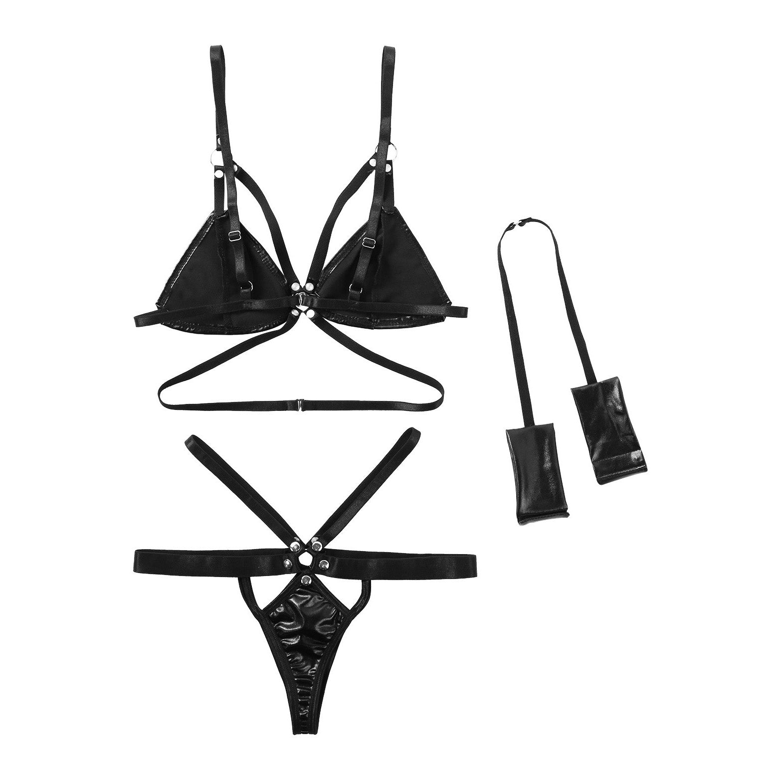 Black women's lingerie set featuring hollow out elastic straps bikini with open cup bra and matching briefs.