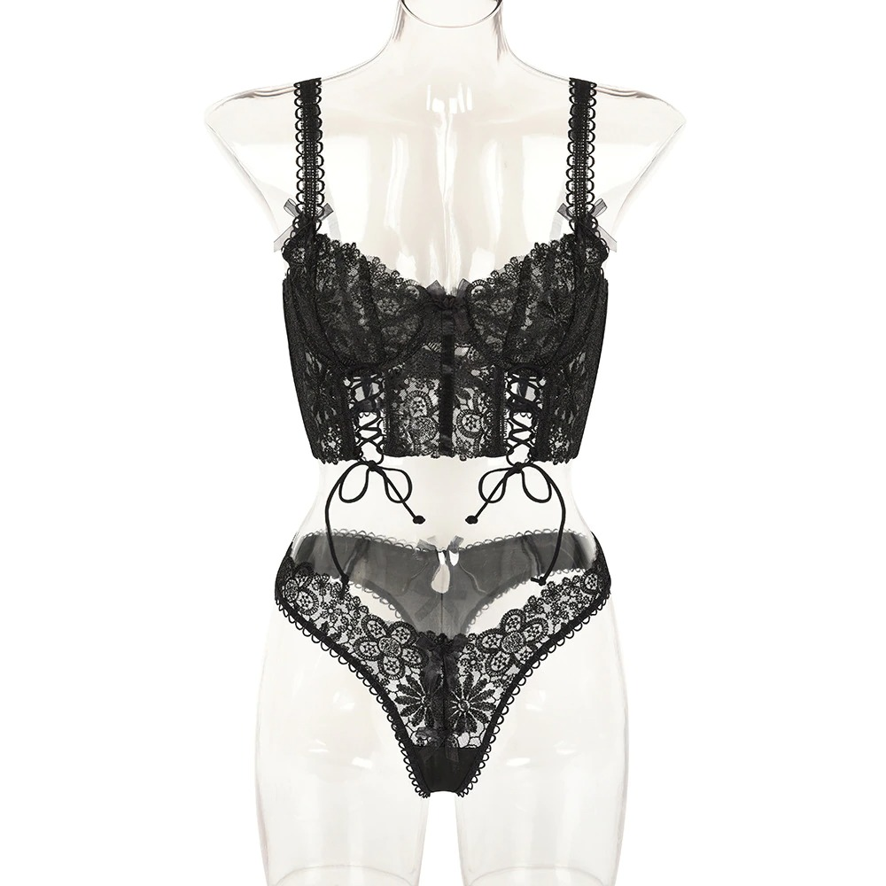 Women's Gothic lace lingerie set featuring a black cropped bra and matching panties, perfect for a bold rock or goth style.