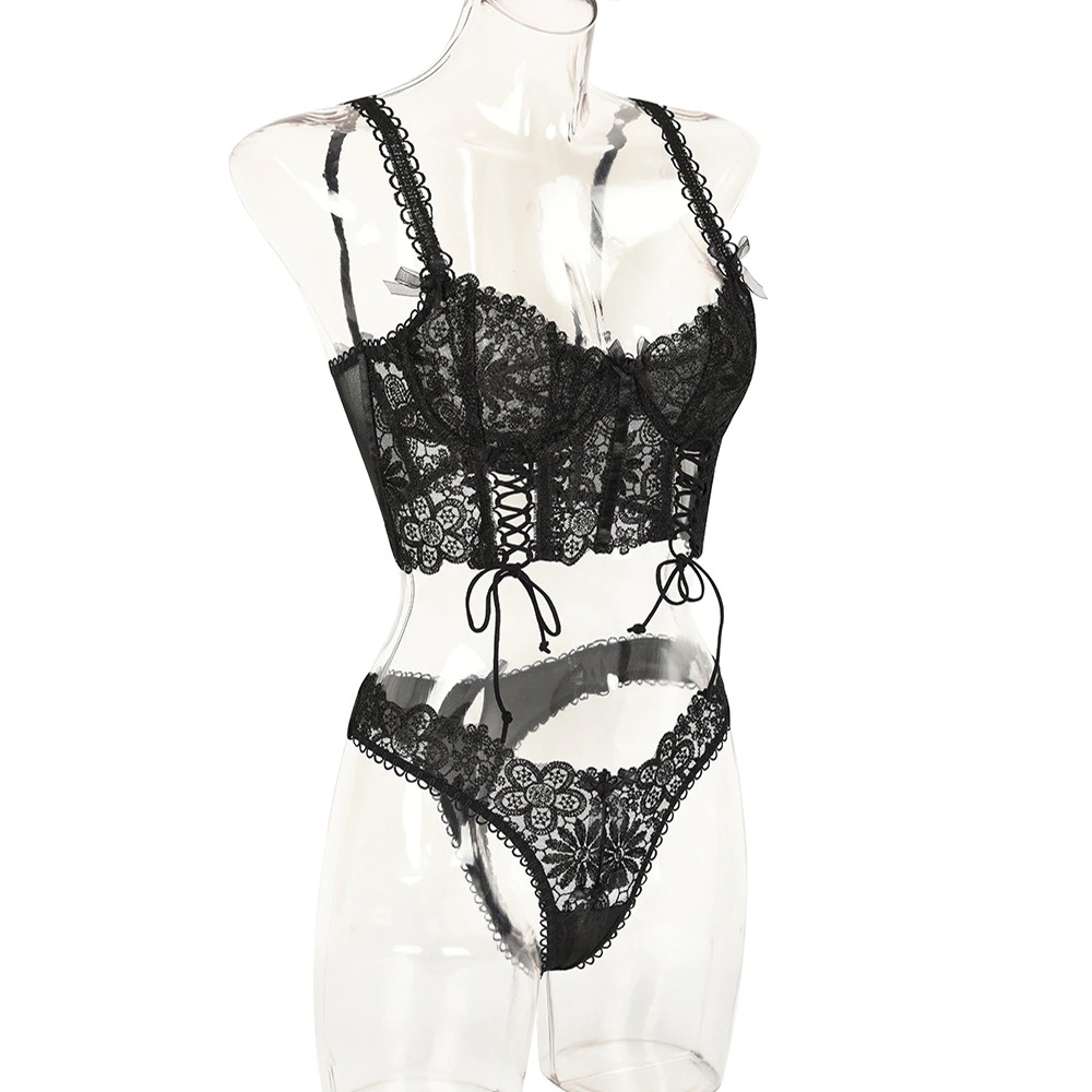 Women's Gothic lace lingerie set featuring a sexy lace-up bra and matching panties, perfect for a rock or goth style.