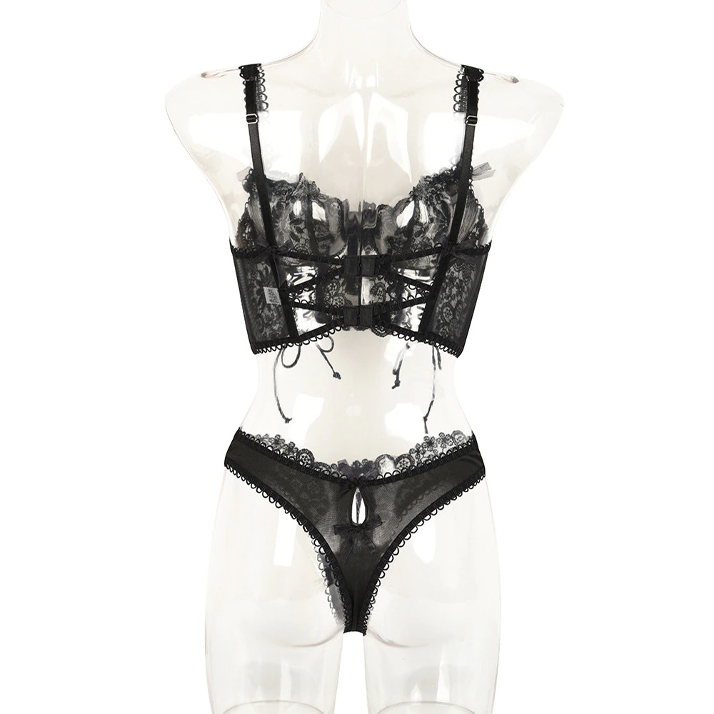 Seductive women's gothic lace lingerie set featuring a stylish bra and matching panties in elegant black lace.
