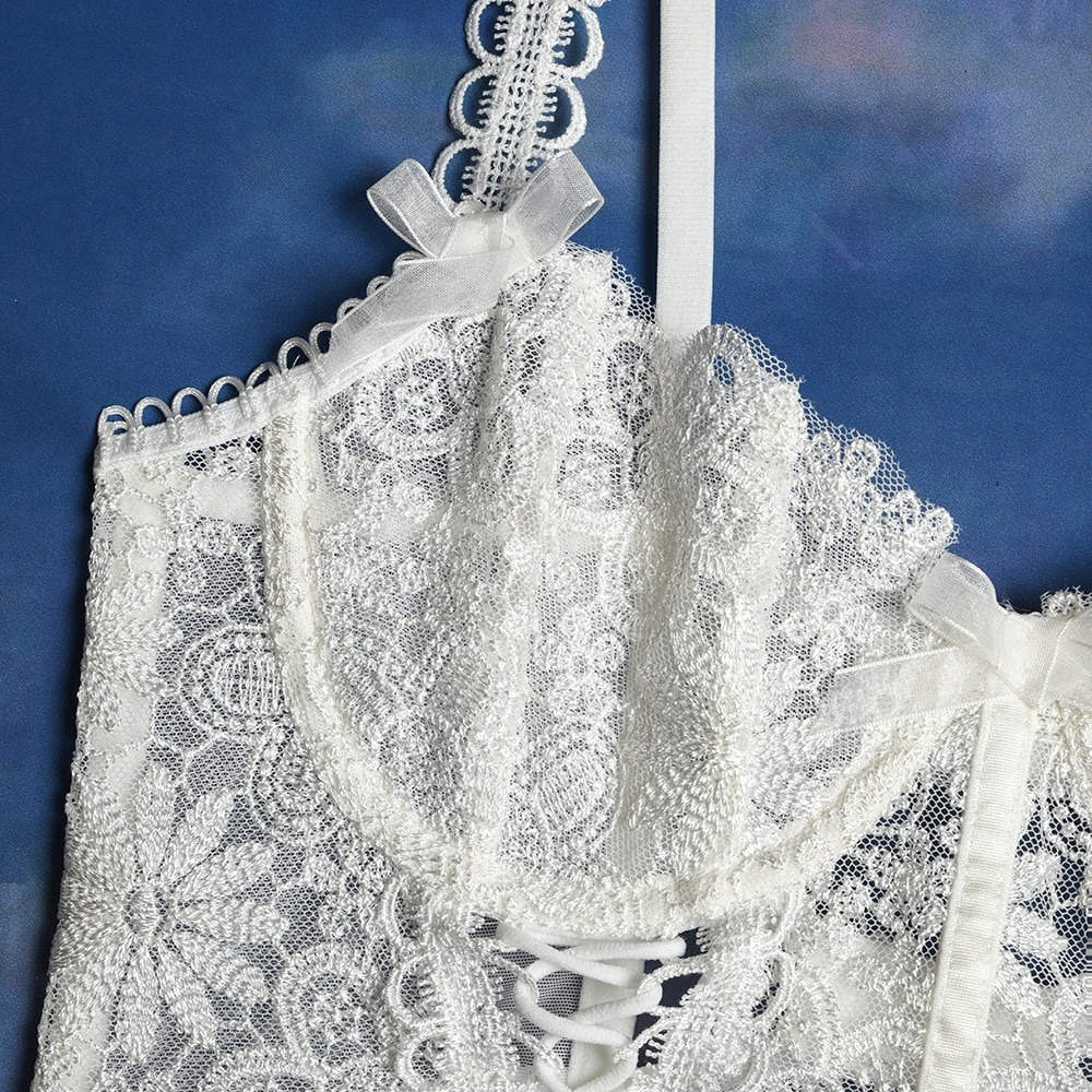 Close-up of a women's white lace lingerie set with intricate floral patterns and delicate straps.