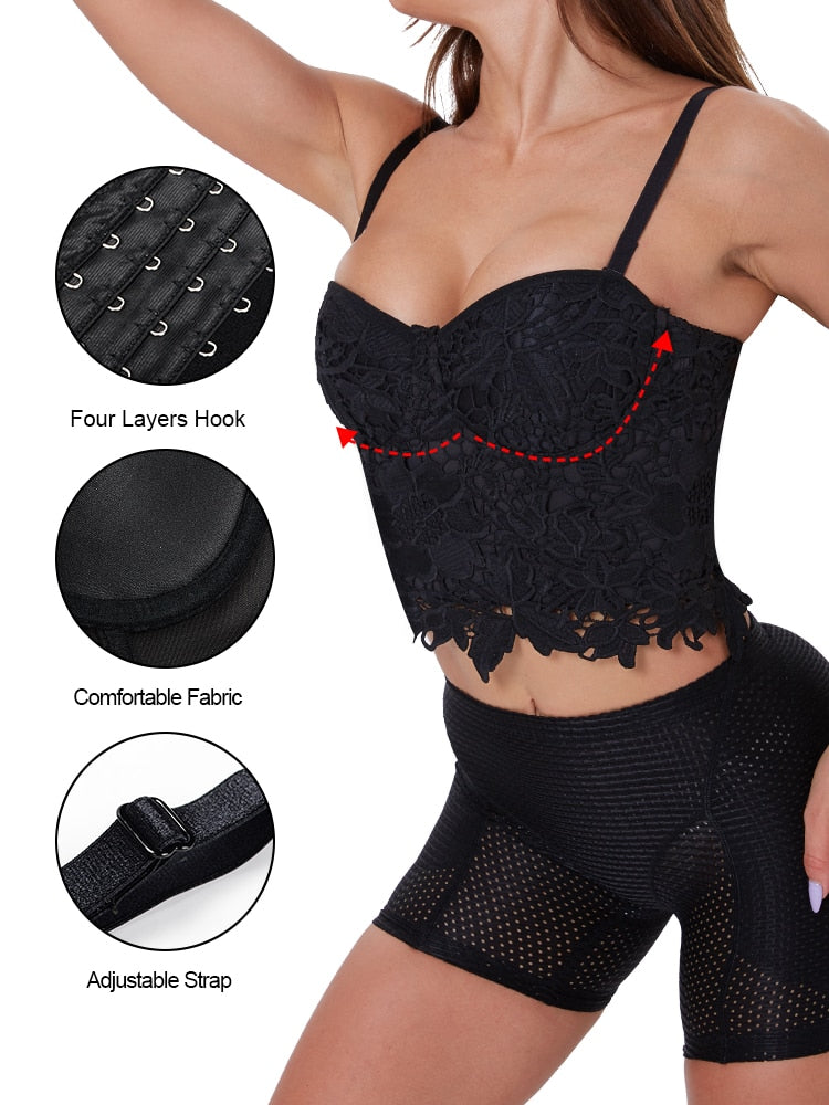 Black Gothic Steampunk Lace Push Up Bra Corset with adjustable straps and four layers hook, perfect for alternative fashion.
