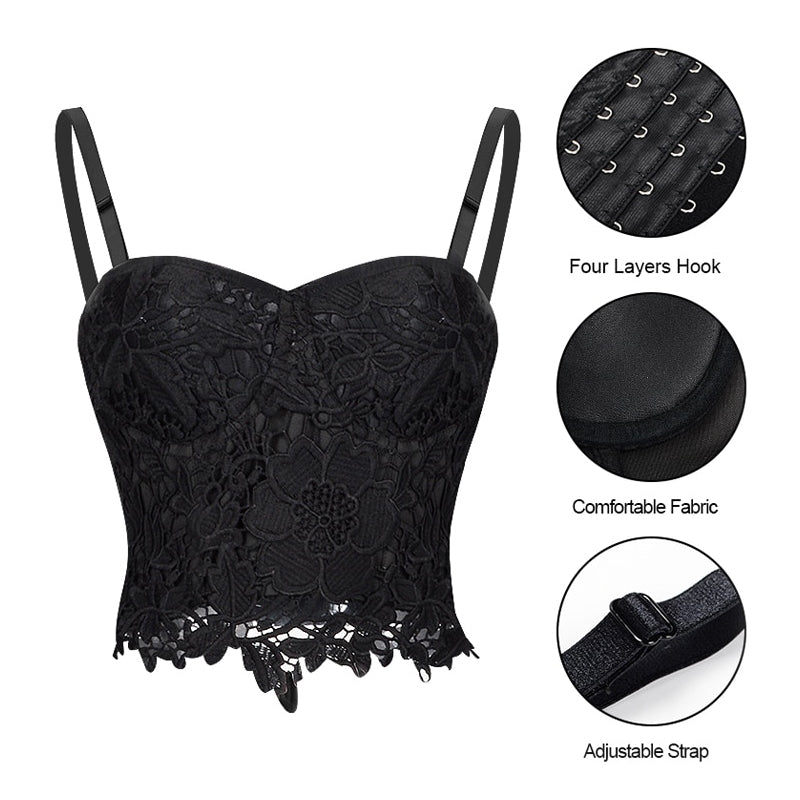Black Gothic Steampunk lace push-up bra corset with floral design and adjustable straps for alternative fashion.