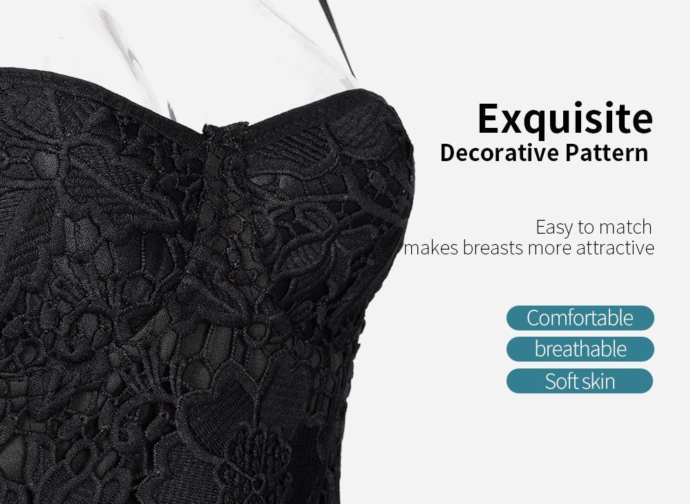 Close-up of black lace steampunk push-up bra corset highlighting exquisite floral design and comfort features.