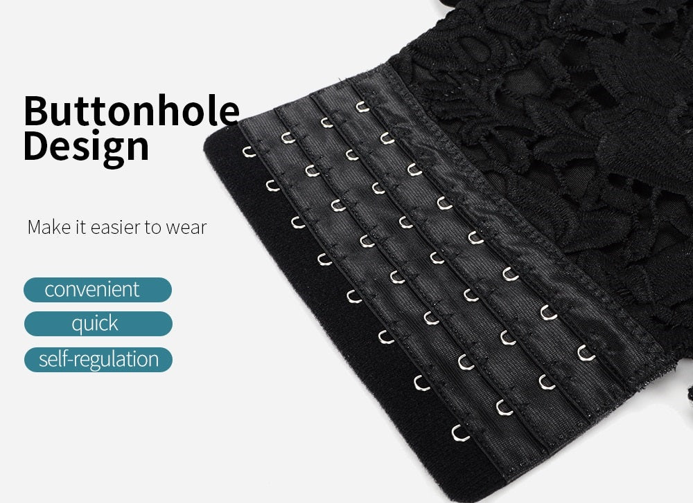 Close-up of buttonhole design on black lace steampunk corset, showcasing convenience and self-regulation features.