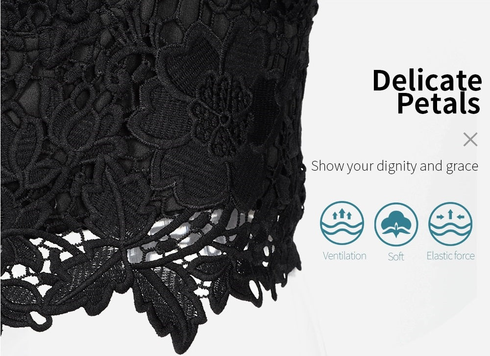 Close-up of black lace fabric with floral design, showcasing delicate petals and unique gothic style for women.