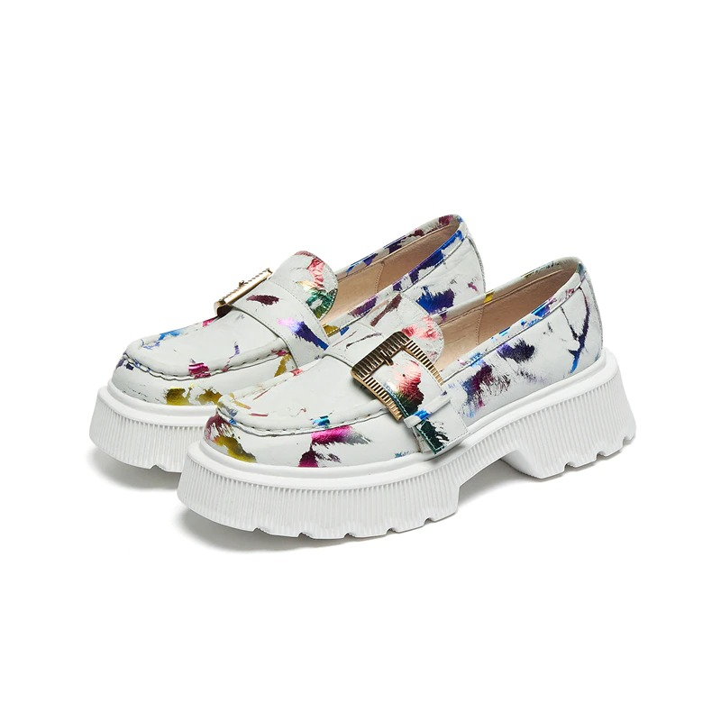 Women's Loafers Graffiti on Platform / Casual Ladies PU Leather Shoes with Buckle - HARD'N'HEAVY