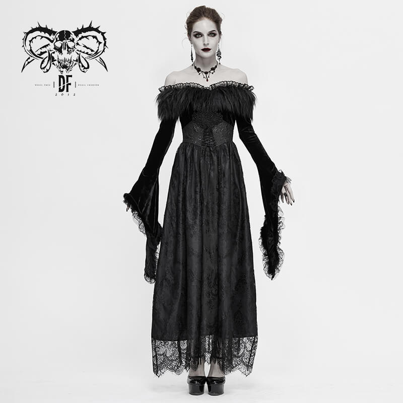 Women's Long Black Dress with Flare Sleeves / Gothic Style Off Shoulder Floor Length Dress - HARD'N'HEAVY