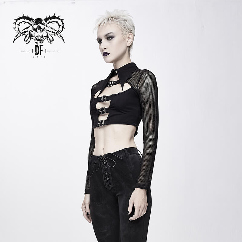 Women's Long Mesh Sleeves Buckle Crop Top / Punk Gothic Black Short Mesh Tops with Turn Down Collar - HARD'N'HEAVY