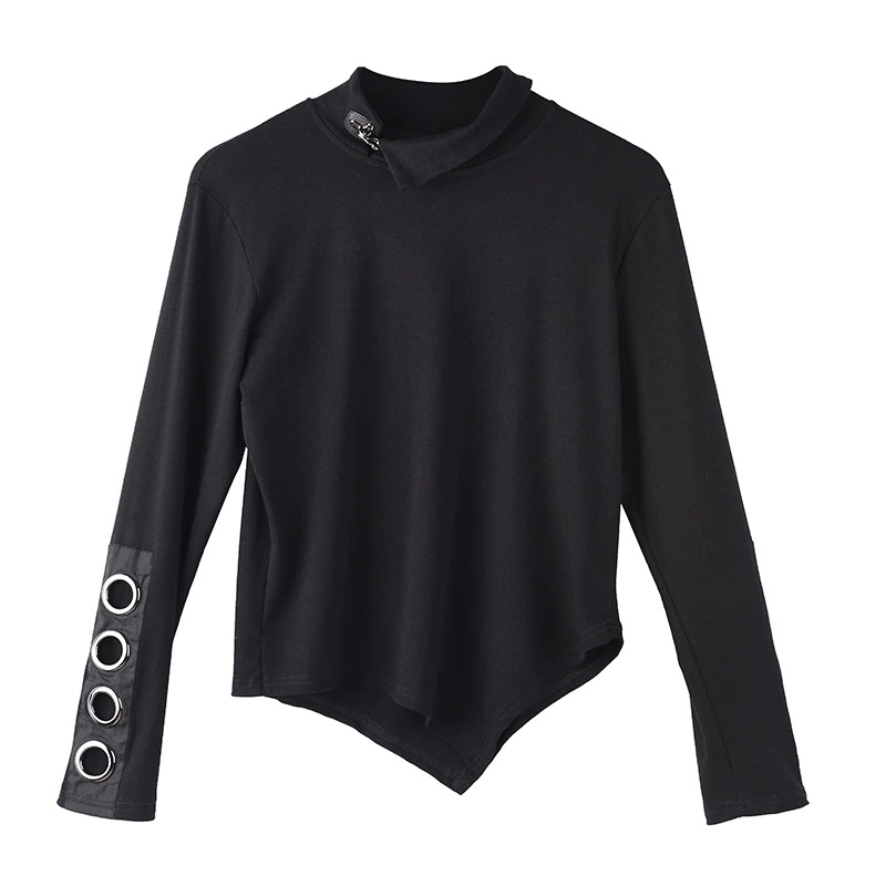 Women's long sleeve black asymmetrical top with stand collar and hollow out sleeves featuring metal rings.