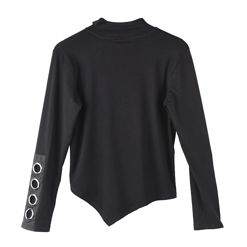 Women's Long Sleeve Black Asymmetrical Top / Fashion Cotton Clothing With Stand Collar - HARD'N'HEAVY