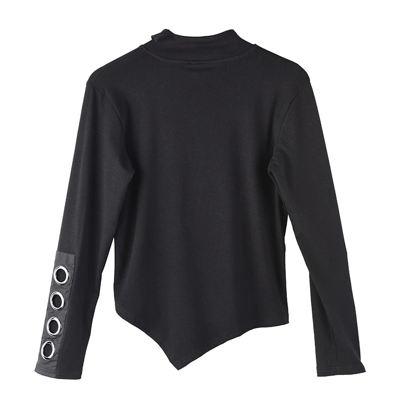 Back view of women's black asymmetrical long sleeve top with stand collar and hollow out sleeve detailing.