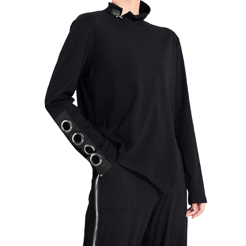 Women's long sleeve black asymmetrical top with stand collar and hollow out sleeve detail, perfect for alternative fashion.