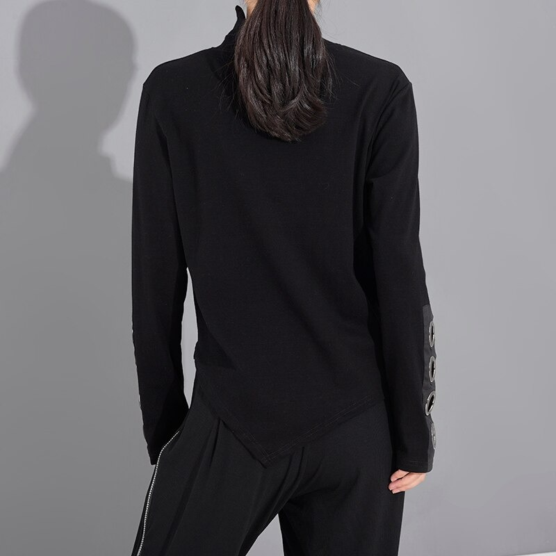 Women's Long Sleeve Black Asymmetrical Top with Stand Collar, featuring unique hollow out sleeves with metal rings.