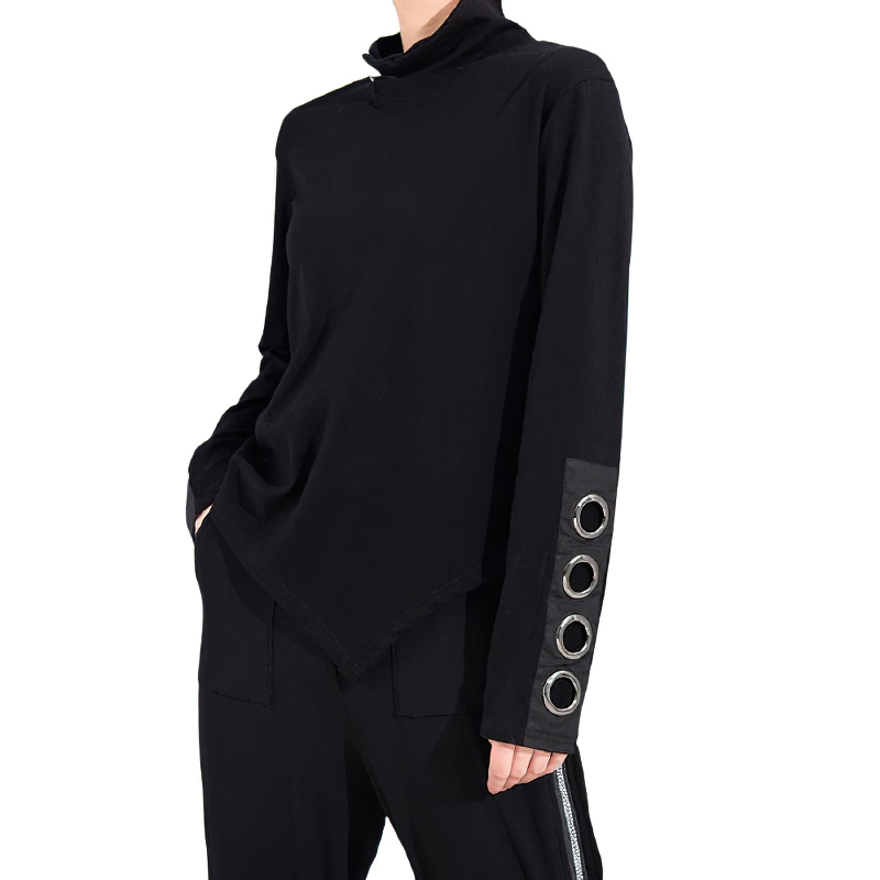 Women's long sleeve black asymmetrical top with stand collar and hollow out sleeve detail, perfect for trendy outfits.