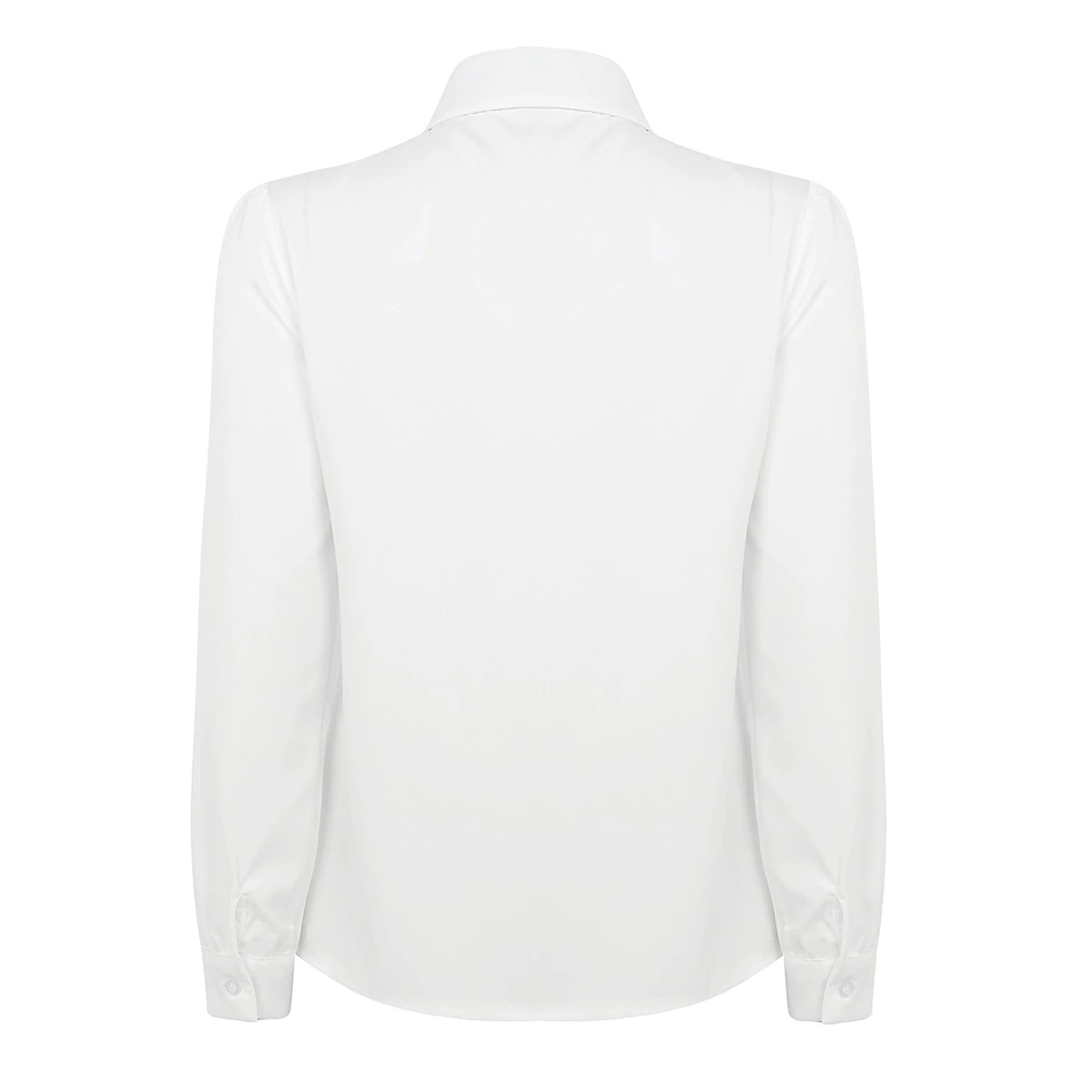 Back view of a women's long sleeve white blouse with a turn-down collar and button cuffs, perfect for casual and formal wear.