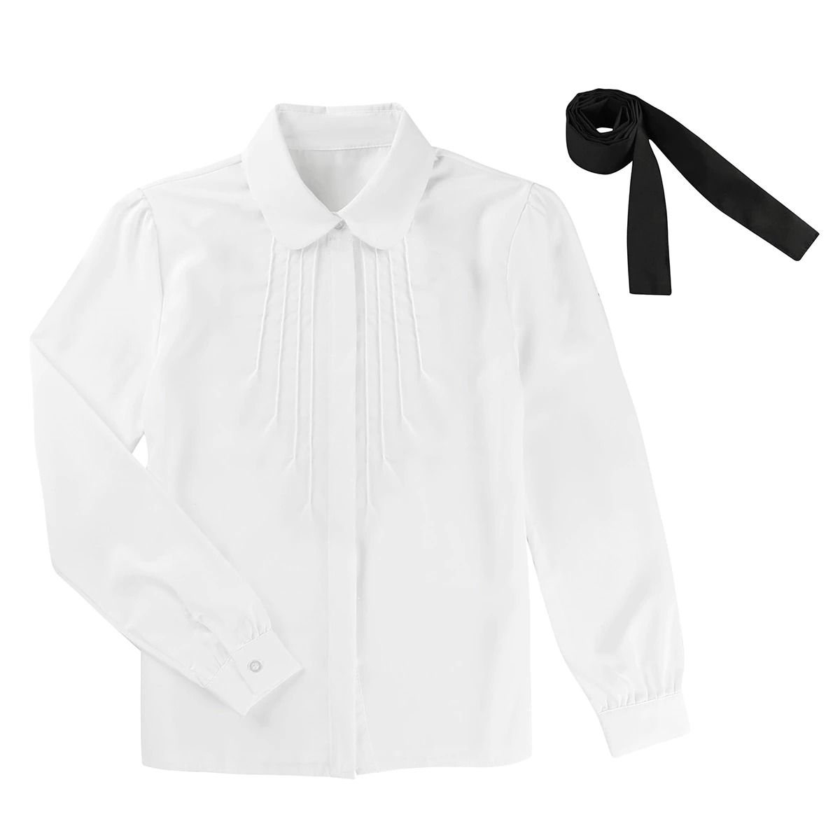White long sleeve button-up shirt with turndown collar and removable black bowknot, perfect for casual and formal looks.