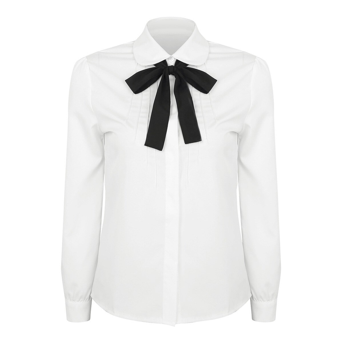 Women's long sleeve white blouse with black removable bowknot and turn-down collar, perfect for casual or formal wear.