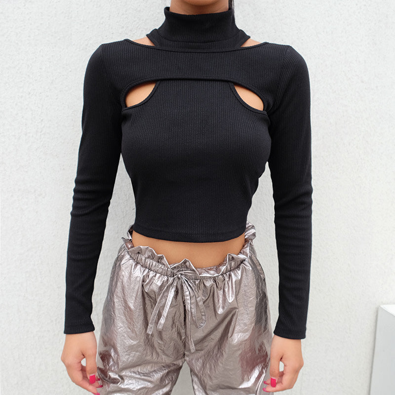 Women's Long Sleeve Crop Top in Black Color / Sexy Female Gothic Clothing with Turtleneck Collar - HARD'N'HEAVY