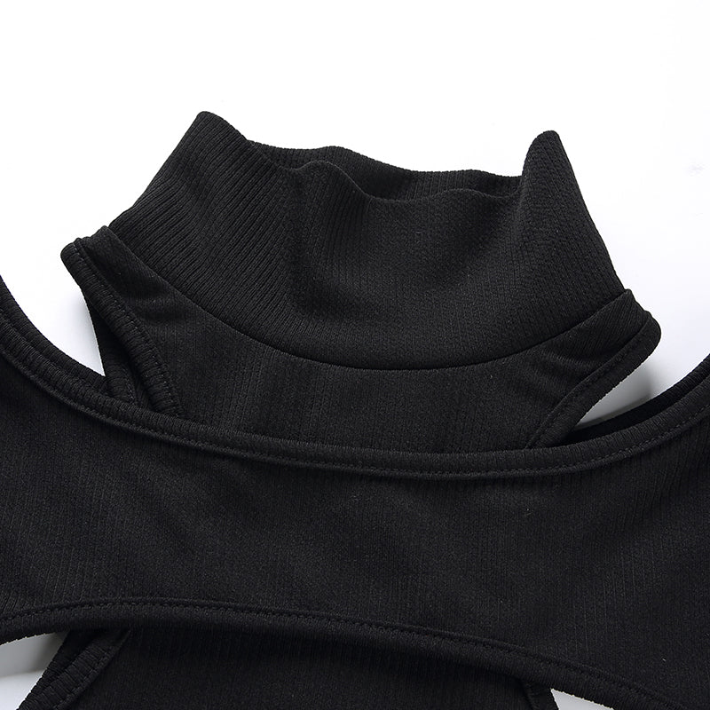 Women's Long Sleeve Crop Top in Black Color / Sexy Female Gothic Clothing with Turtleneck Collar - HARD'N'HEAVY