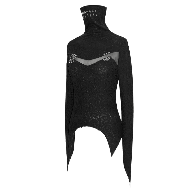 Stylish women's gothic black long sleeve top with face covering neck and safety pins accent.