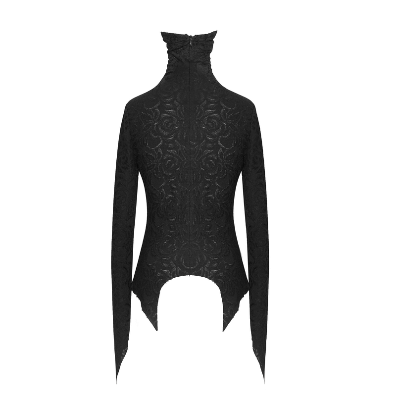 Gothic style women's black longsleeve top with high neck and elaborate lace design, featuring a trendy back cutout.