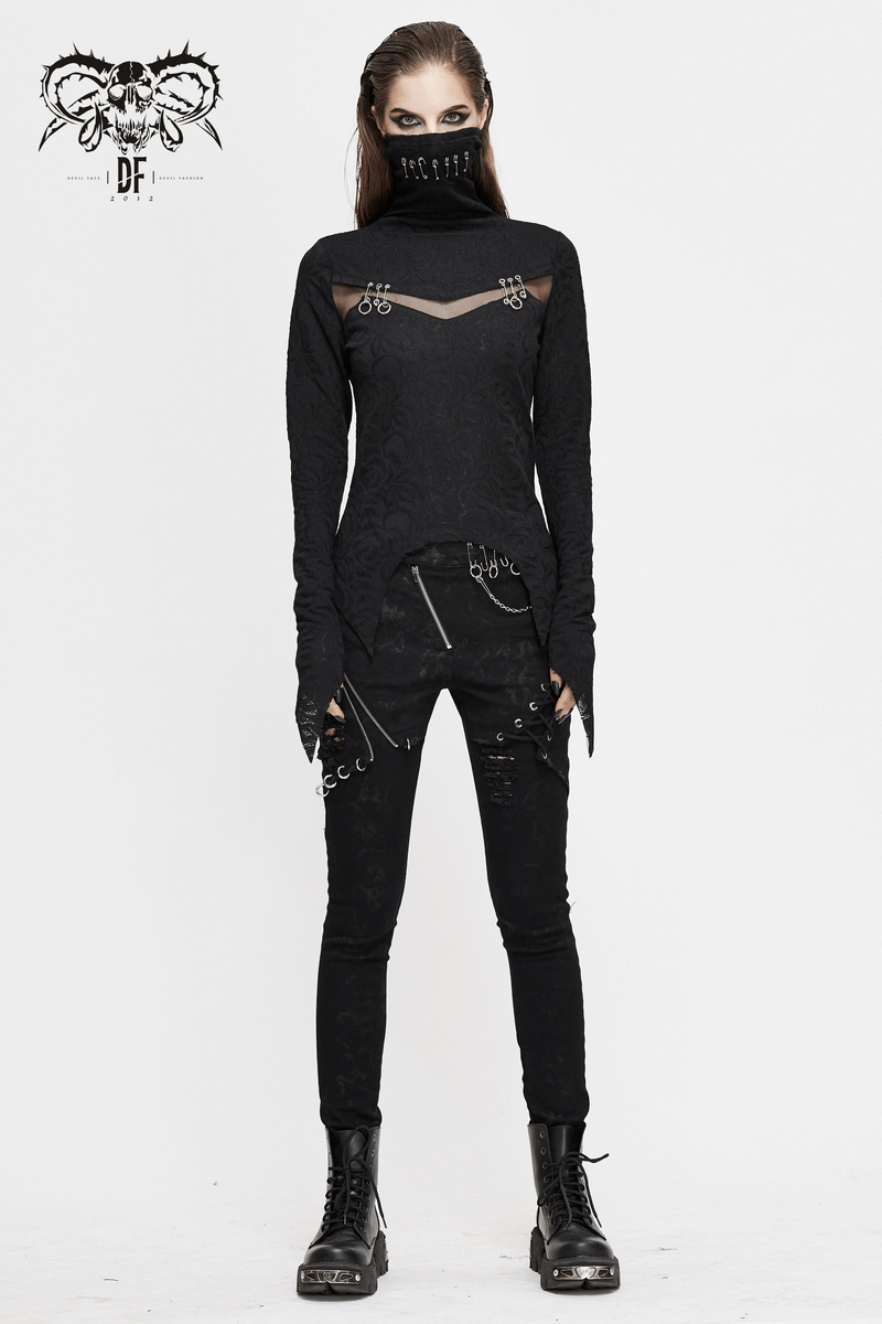 Gothic women's long sleeve top with face covering neck and safety pins, styled in black, perfect for edgy fashion.