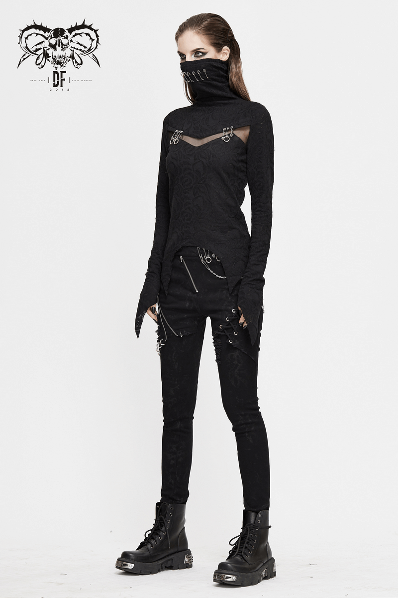 Women's Long Sleeves Top with Face Covering Neck / Gothic Style Black Top with Safety Pins - HARD'N'HEAVY
