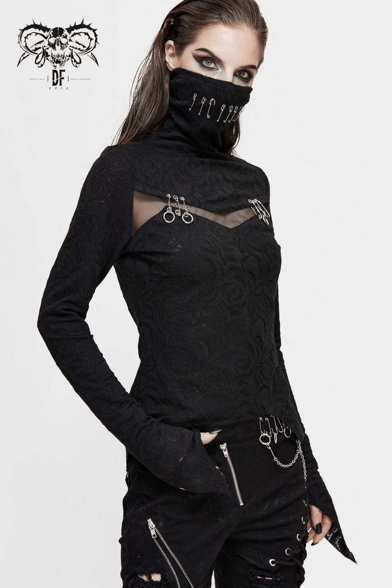 Gothic women's long sleeve black top with face covering and silver safety pins, stylish and edgy design.