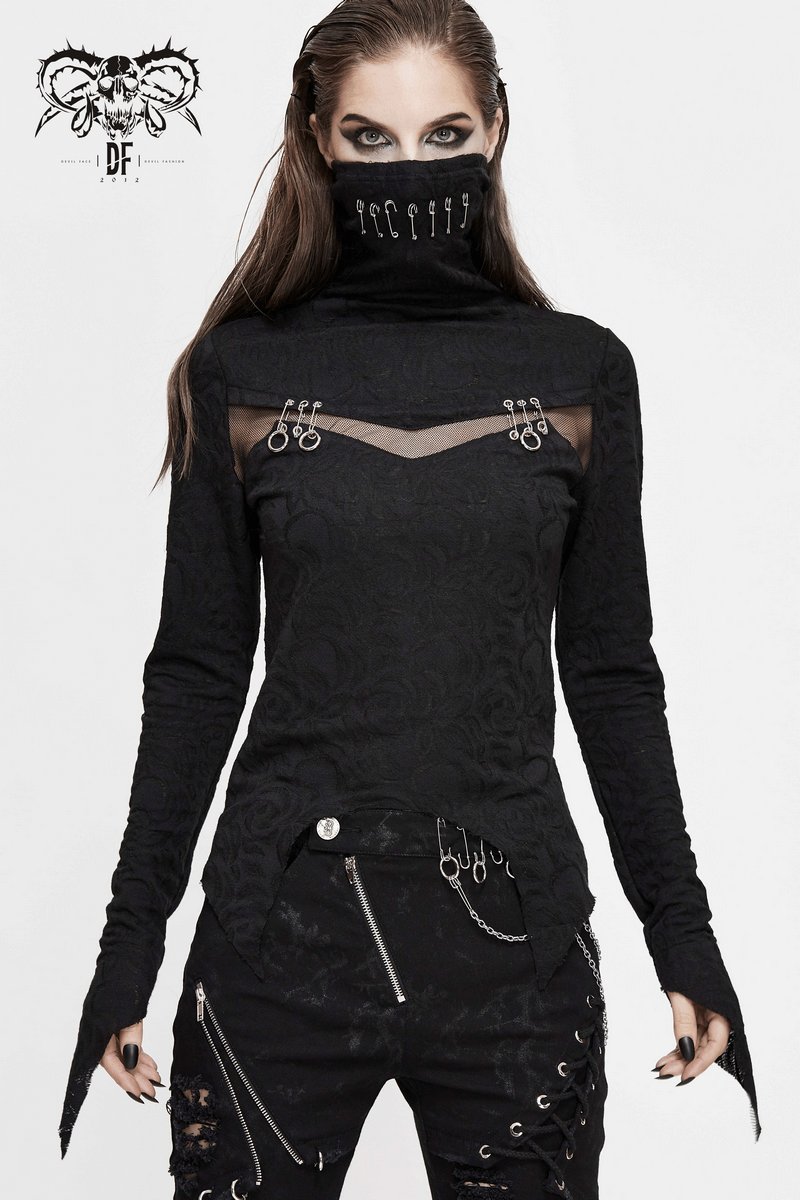 Gothic women's long sleeve top with face covering and silver rivets, perfect for a stylish edgy look.