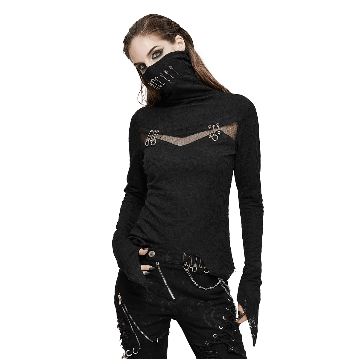 Gothic women's black long sleeve top with face covering and silver safety pins, perfect for a stylish look.
