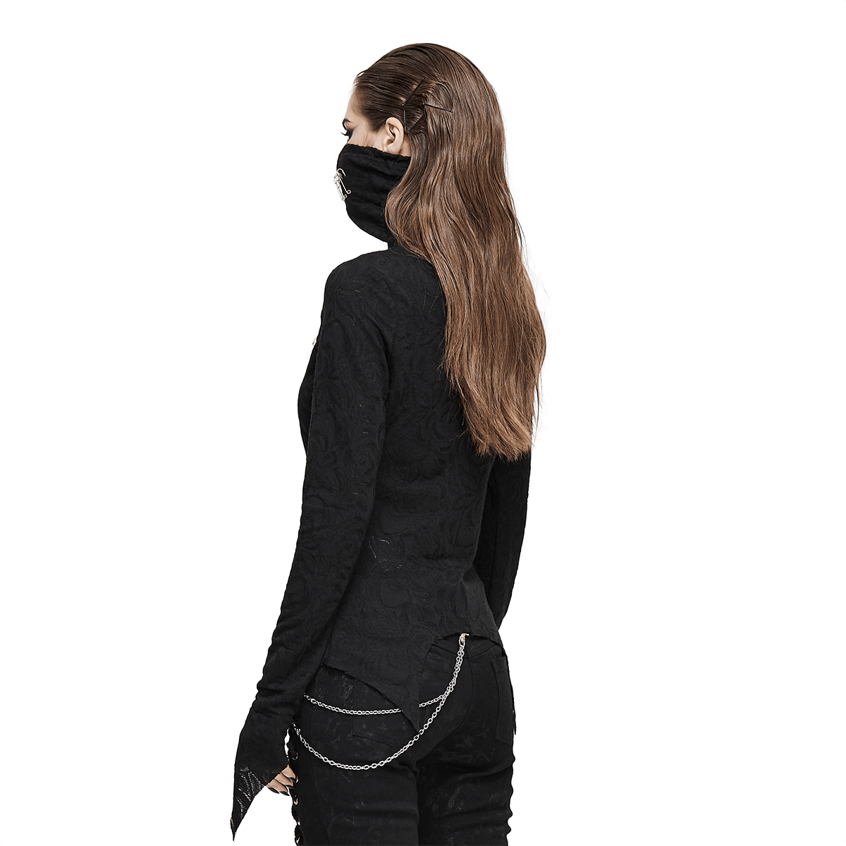 Stylish women's gothic black longsleeve top with face covering and safety pins, perfect for a trendy look.