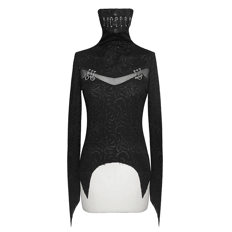 Gothic women's long sleeve black top with face covering and silver safety pins, perfect for a stylish night out.