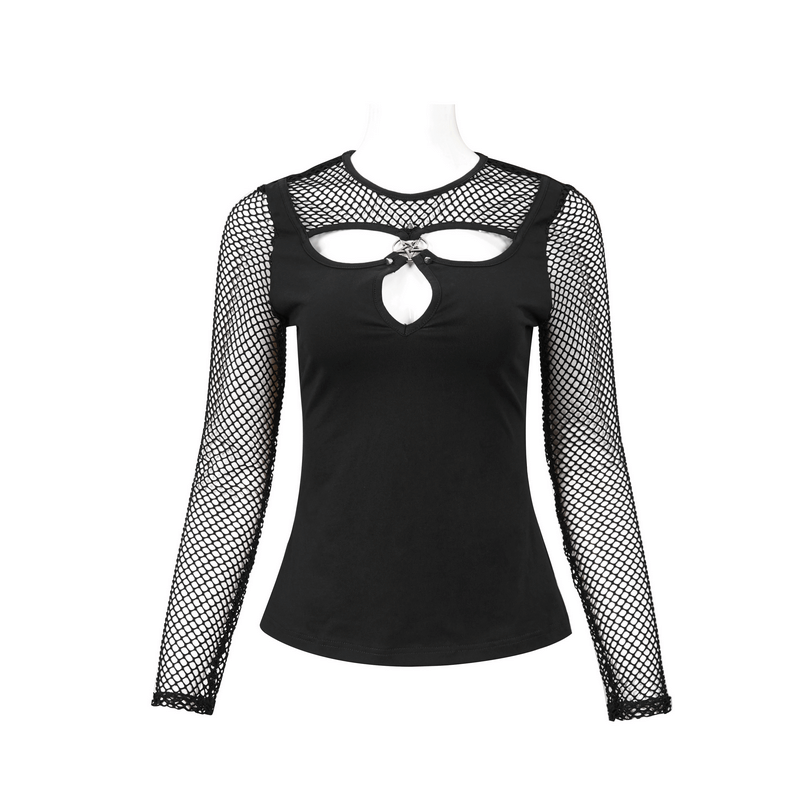 Women's Long Sleeves Top with Pentagram / Gothic Style Mesh Sleeves Black Top - HARD'N'HEAVY