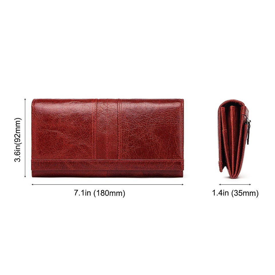 Dimensions of a Women's Long Wallet-Clutch in red genuine leather, measuring 7.1 x 3.6 x 1.4 inches.