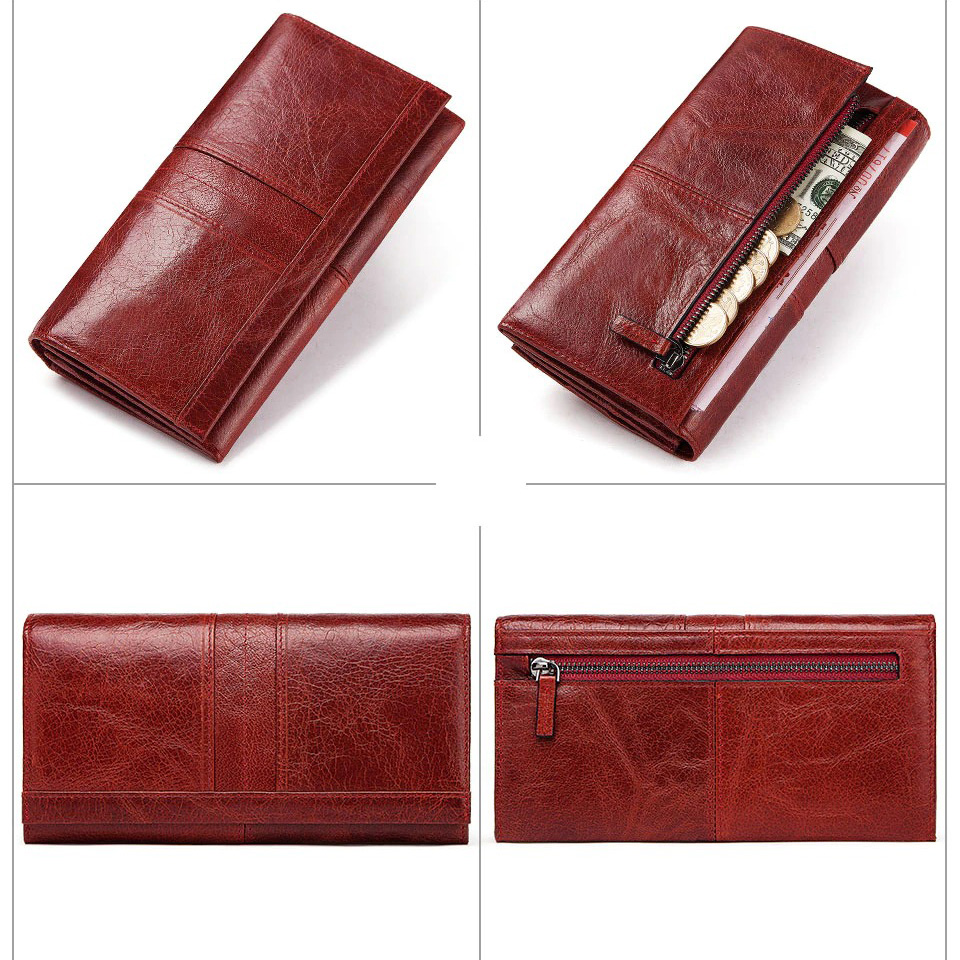 Stylish women's long leather wallet-clutch in red, showcasing multiple pockets for cash, cards, and a cell phone.