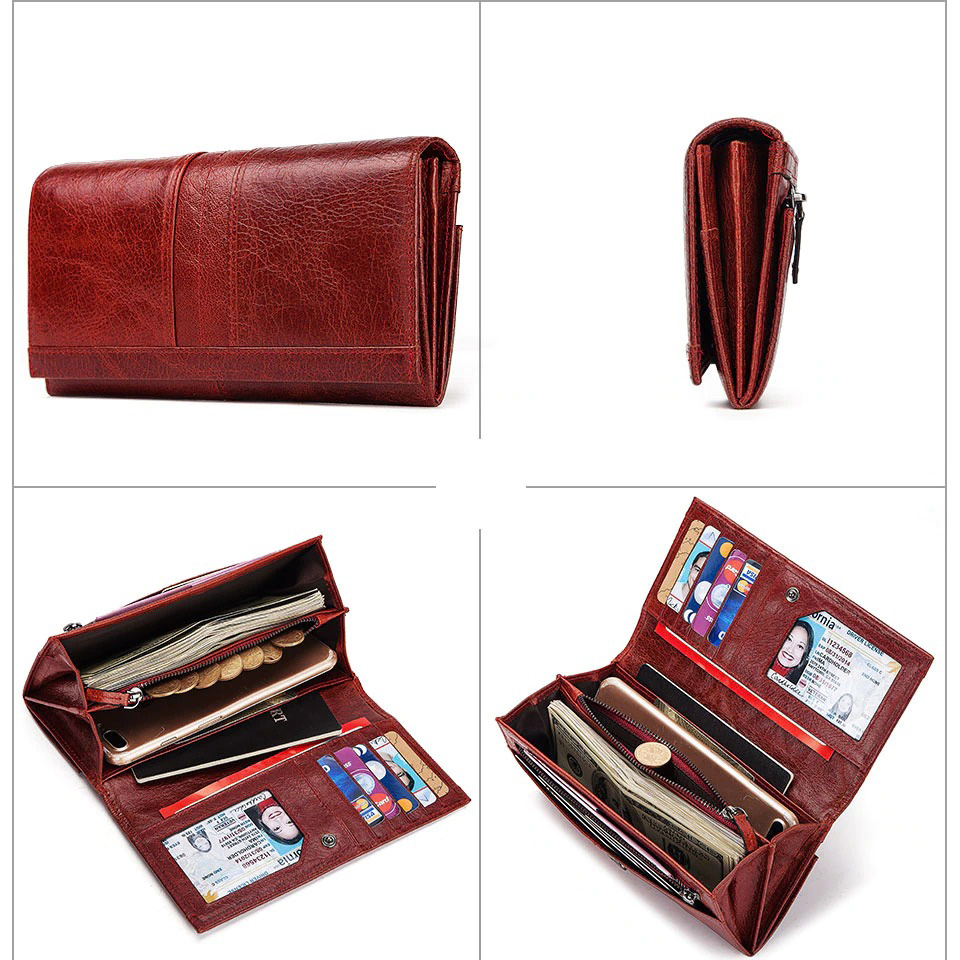 Stylish women's long wallet-clutch in red genuine leather with multiple card slots and spacious interior for cell phone.