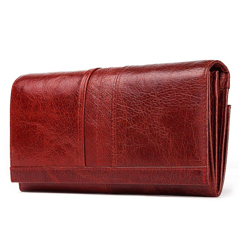 Stylish women's long wallet-clutch in rich red genuine leather with multiple pockets for phone and cards.