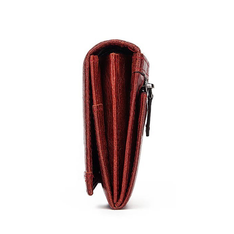 Sleek red women's long wallet-clutch showcasing genuine leather and multiple pockets for cell phone and cards.